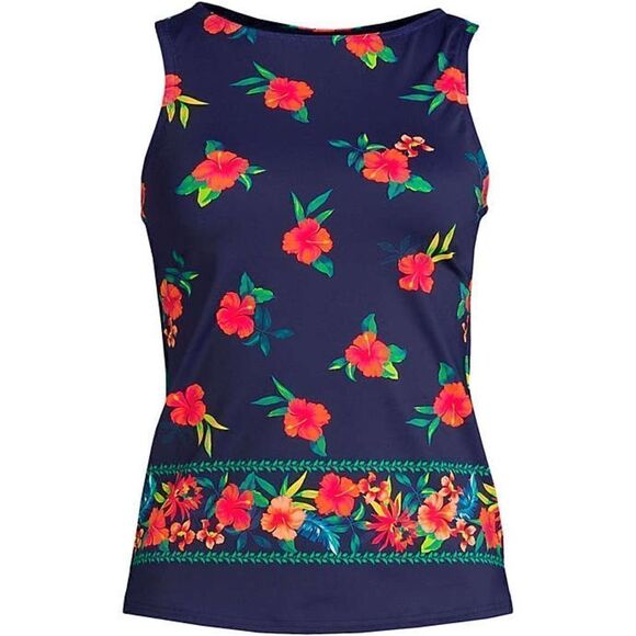 Land’s End Plus Standard size high neck modest tankini navy tropical Various - Picture 1 of 6